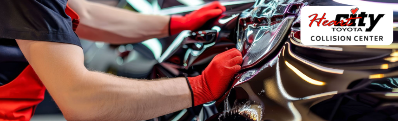 A professional technician conducting paintless hail damage repair on a car in Elkhart, IN.
